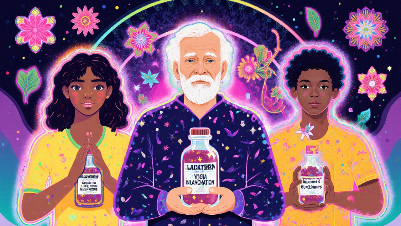 Diverse people holding blackthorn vials, radiating health energy into symbols of wellness, set in a retro psychedelic poster style.