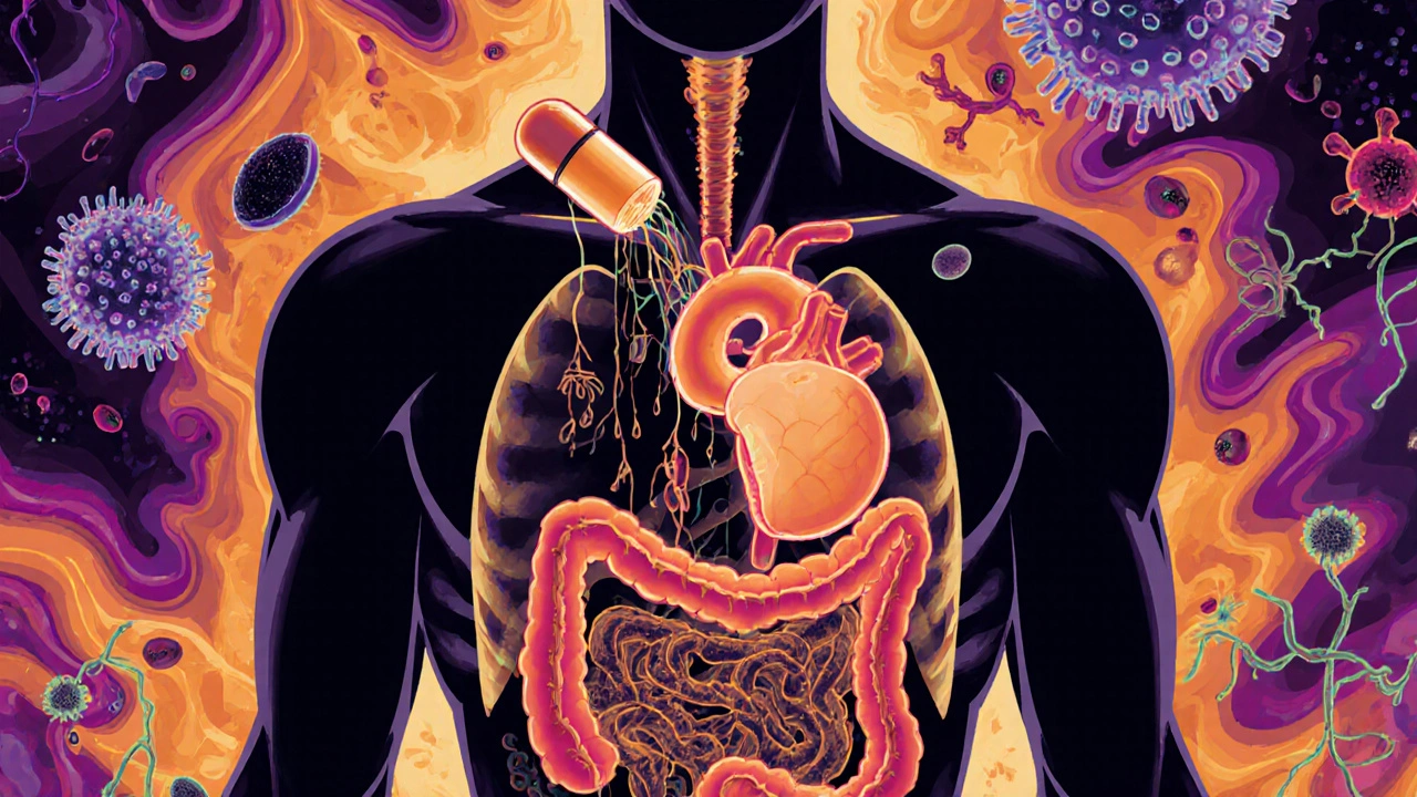 Transparent human figure with glowing organs nourished by sloe berry extract streams, surrounded by abstract immune and gut symbols.