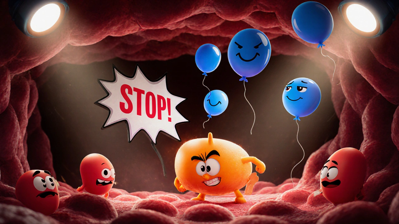 Animated blood cells avoid a villain enzyme while a Hydroxyurea pill boosts fetal hemoglobin.