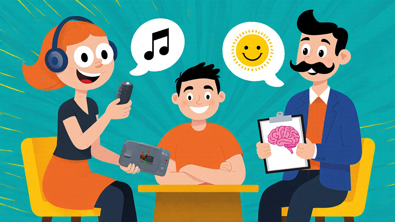 Cartoon audiologist and therapist helping a relaxed person, with thought bubbles of fading noise and sunshine.