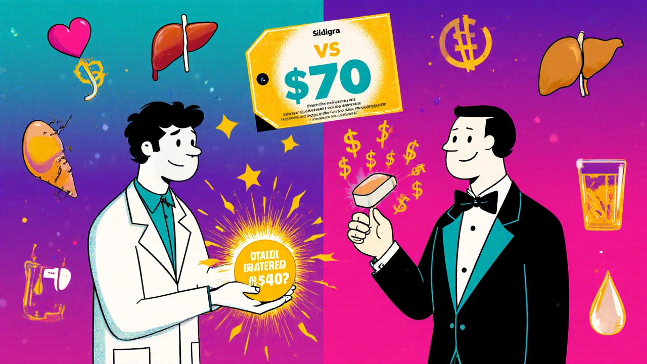 Cartoon battle between cheap Sildigra and expensive Viagra, with price tags and medical icons in vibrant 70s style.