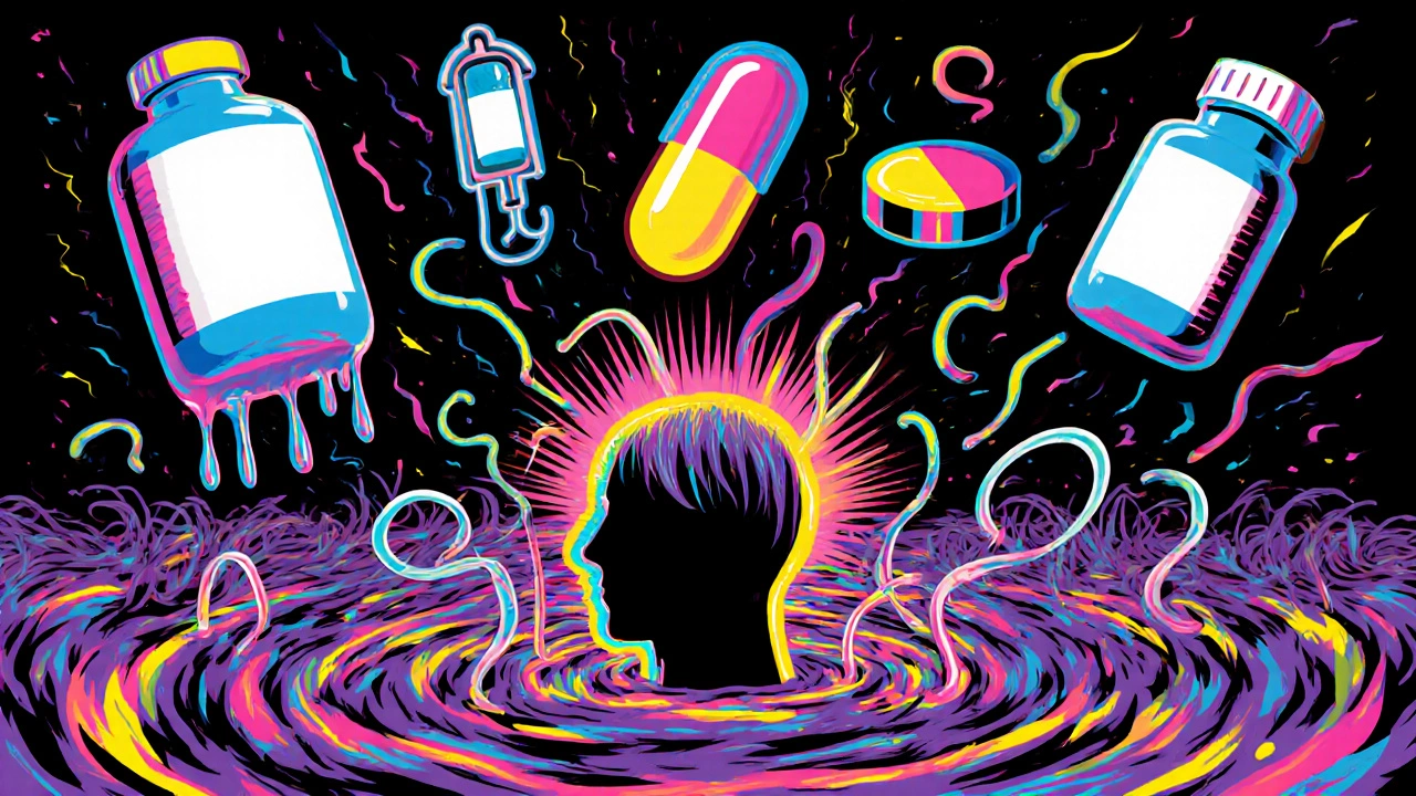 Cartoon collage of various medication icons causing hair loss with swirling hair strands.