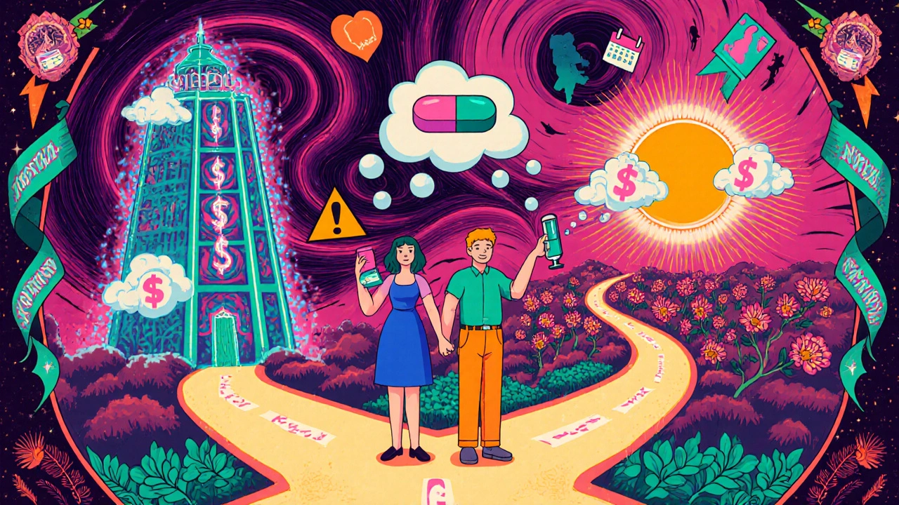 Cartoon couple at a neon crossroads choosing fertility treatments, with baby silhouettes.