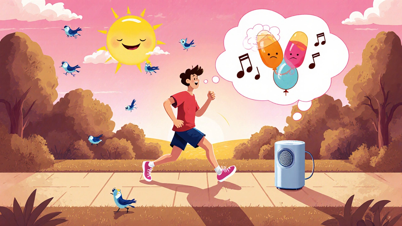Cartoon person jogging in a park sunrise, with white‑noise machine and breathing exercise thought bubble.