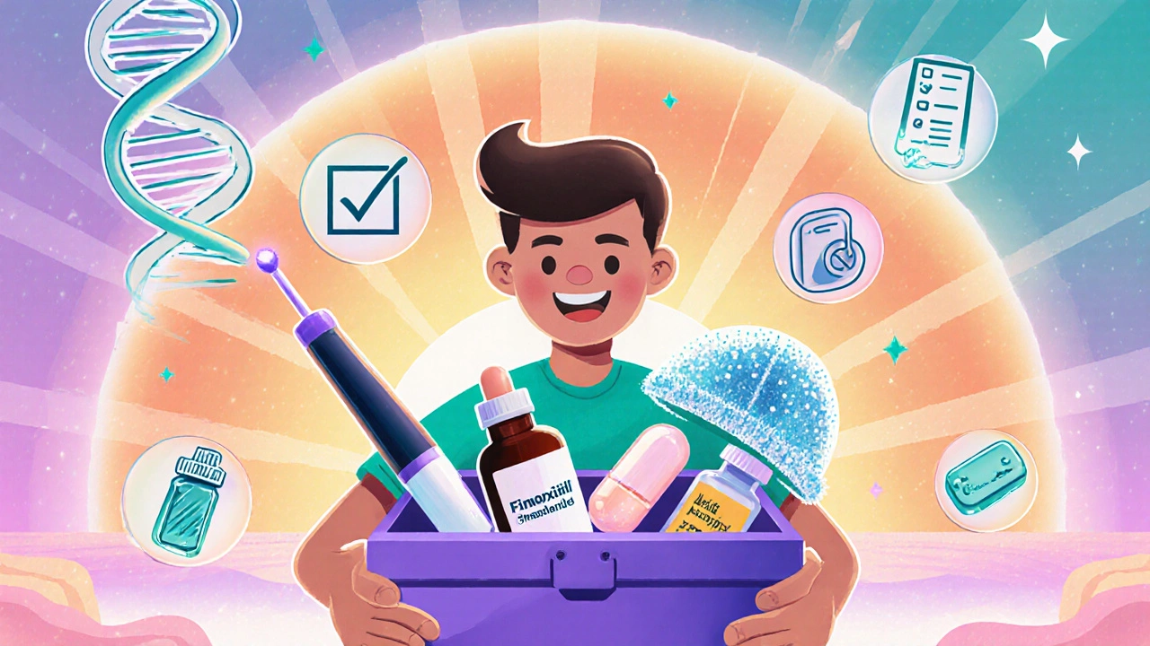 Cheerful patient surrounded by treatment tools and a DNA helix, depicting recovery.