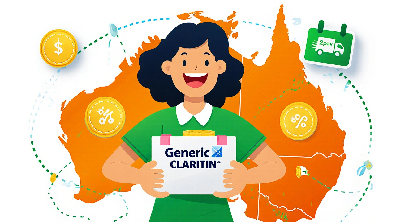 Cheerful shopper with Claritin box, floating coins, discount stickers, and shipping route map.