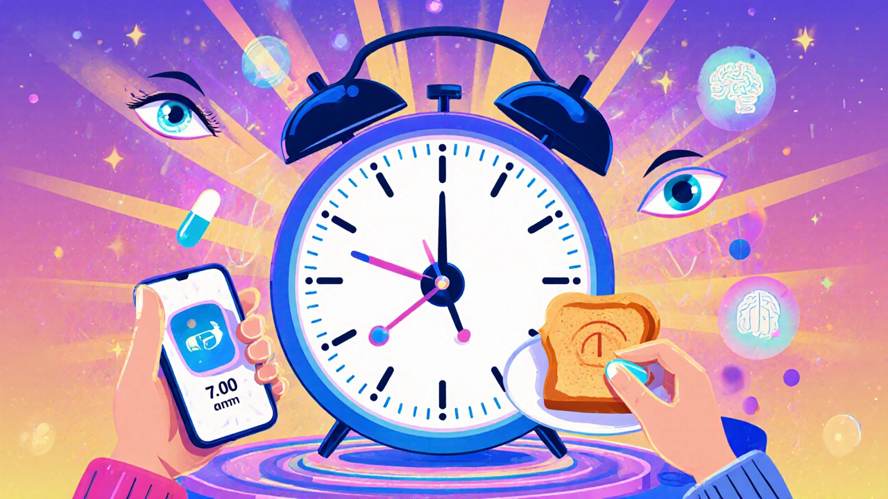 Clock at 7 am with pill, phone reminder, and toast, surrounded by radiant waves of stability.