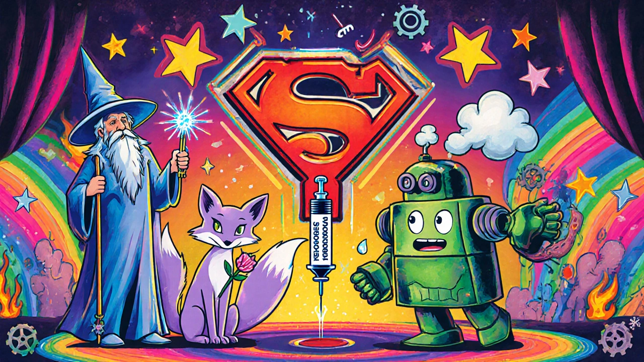 Colorful cartoon characters personify Letrozole, Tamoxifen, Gonadotropins, and Metformin.