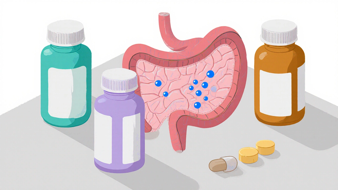 Colorful pill bottles arranged beside a stylized stomach silhouette.