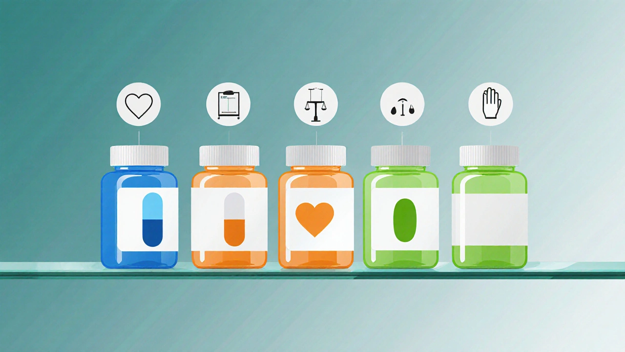 Colorful pill bottles with icons for heart, weight, and movement side effects.