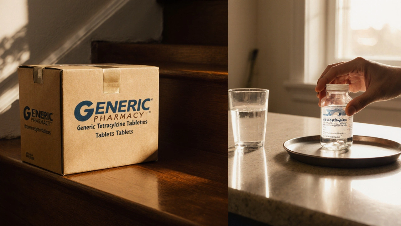 Delivered package with generic tetracycline bottle placed on a kitchen counter under soft morning light.