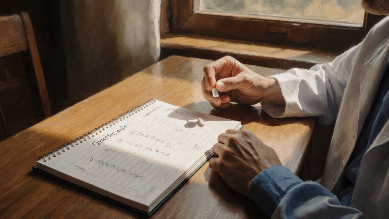 Doctor and patient discussing a taper plan with a calendar and single pill.