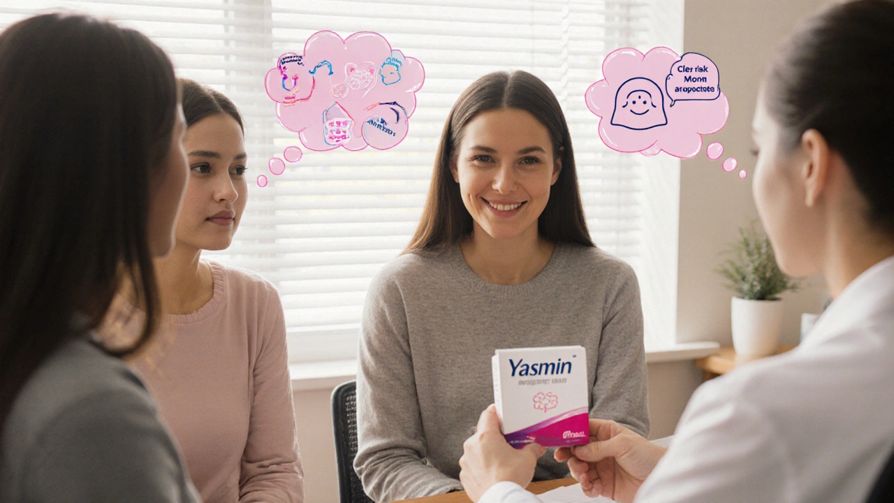 Doctor consulting three young women about Yasmin, showing acne and mood benefits.