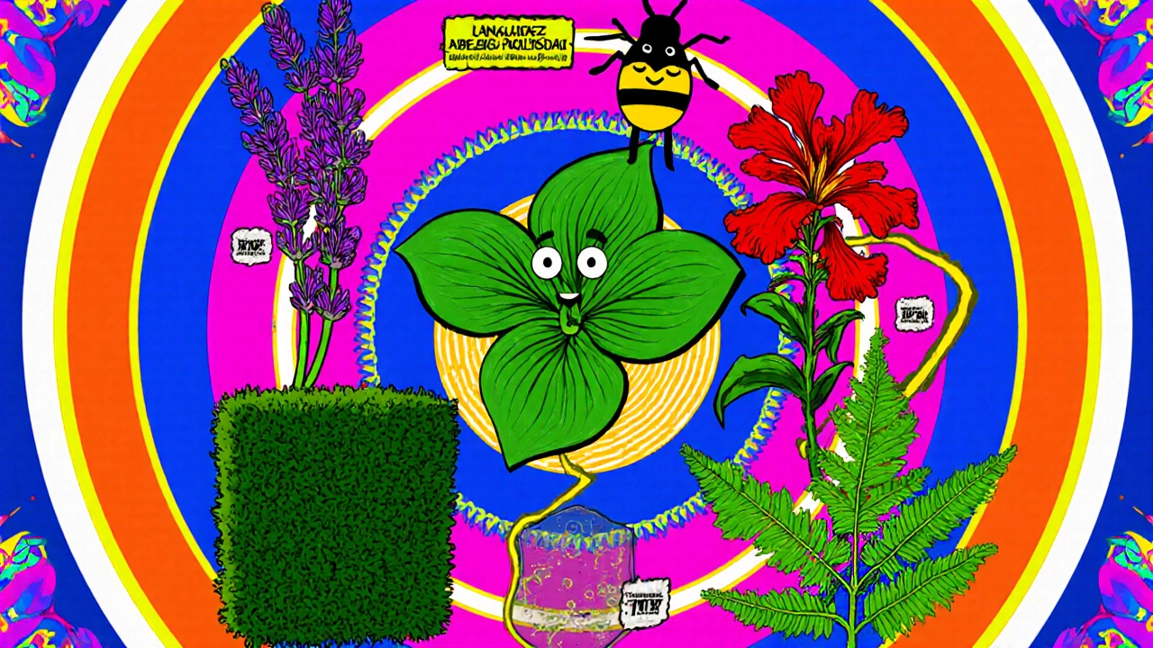 Five allergy‑friendly plants arranged in a colorful psychedelic illustration.