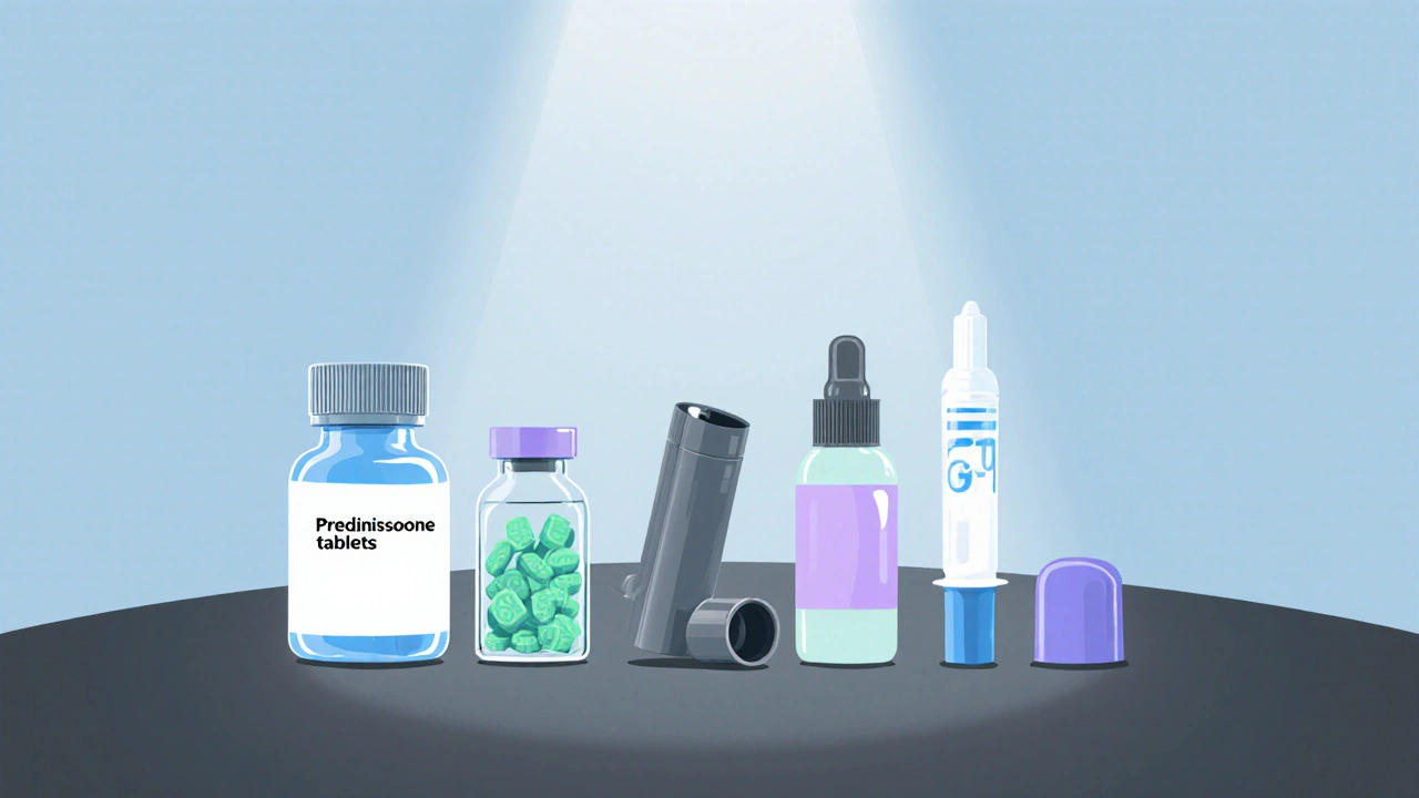 Flat‑lay illustration of various steroid forms: tablets, vial, inhaler, nasal spray, cream, capsule.