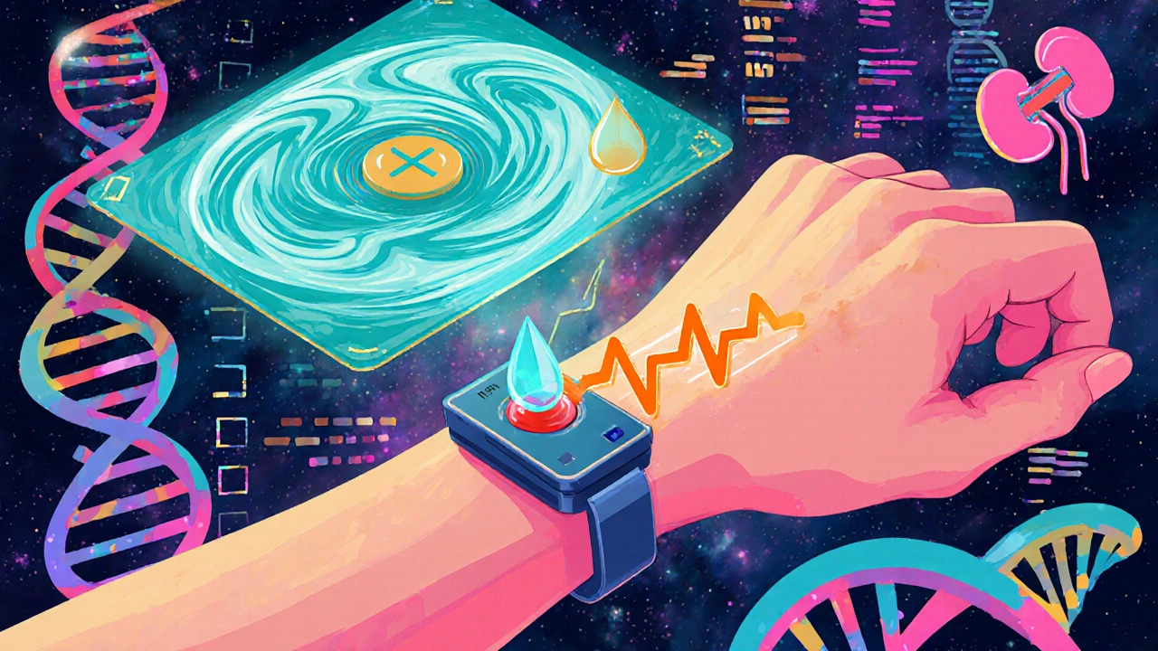 Futuristic AI dashboard with personalized dosing, genetics, and point‑of‑care device in psychedelic cartoon.