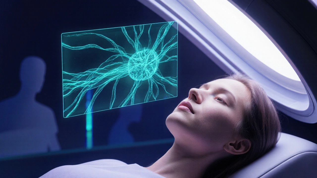 Futuristic treatment pod with holographic nerve regeneration using stem cells.