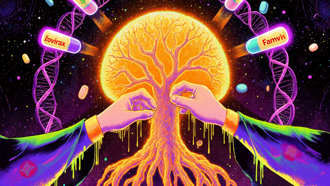Glowing nerve cell tree being pruned by antiviral hands, surrounded by floating pills and cosmic light.