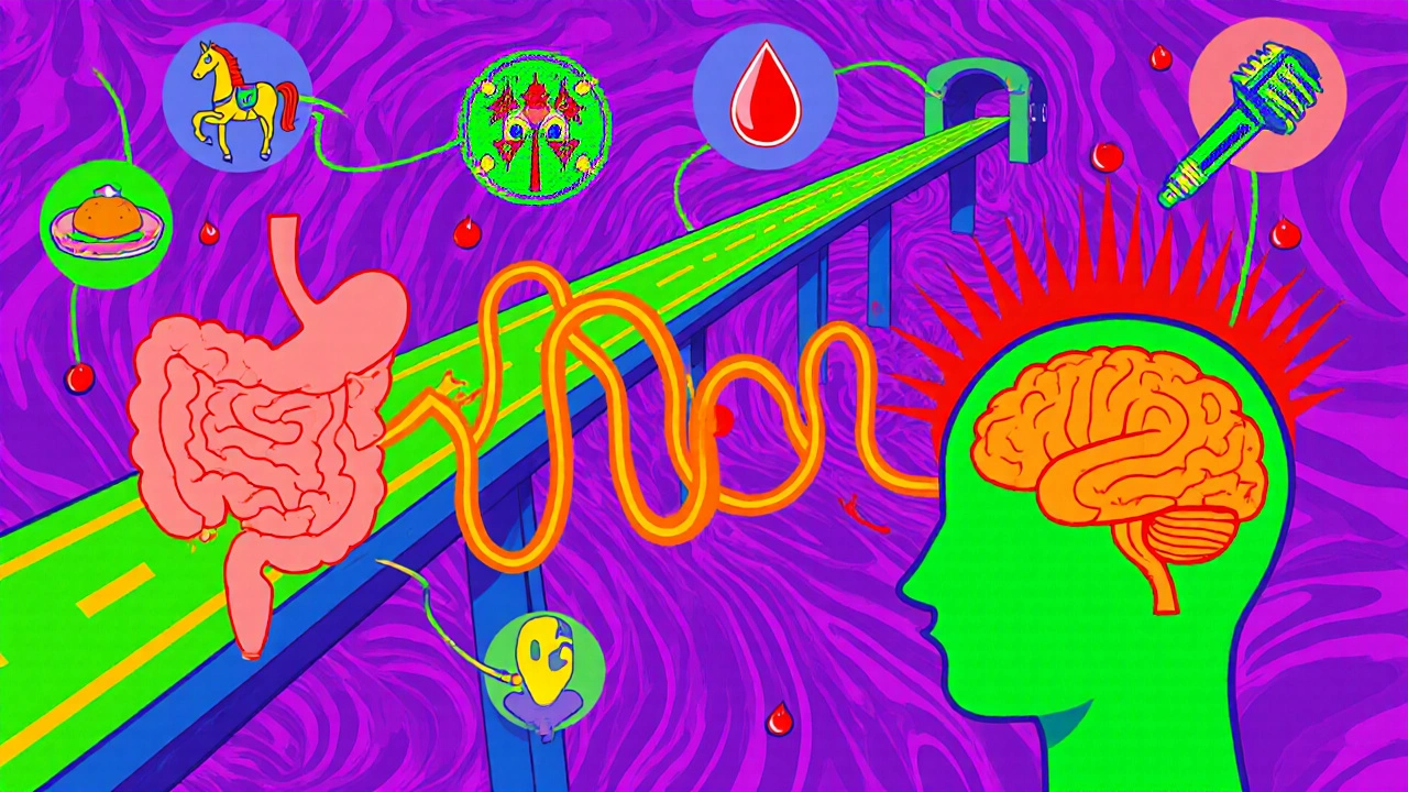 Gut-brain axis highway with serotonin ribbons and cortisol droplets surrounded by trigger icons.