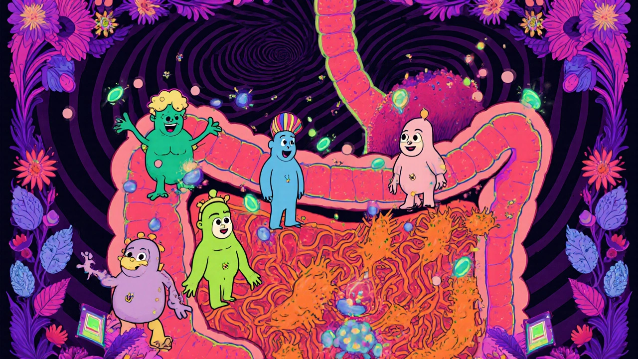 Gut cross‑section showing beneficial microbes disappearing and harmful bacteria taking over.