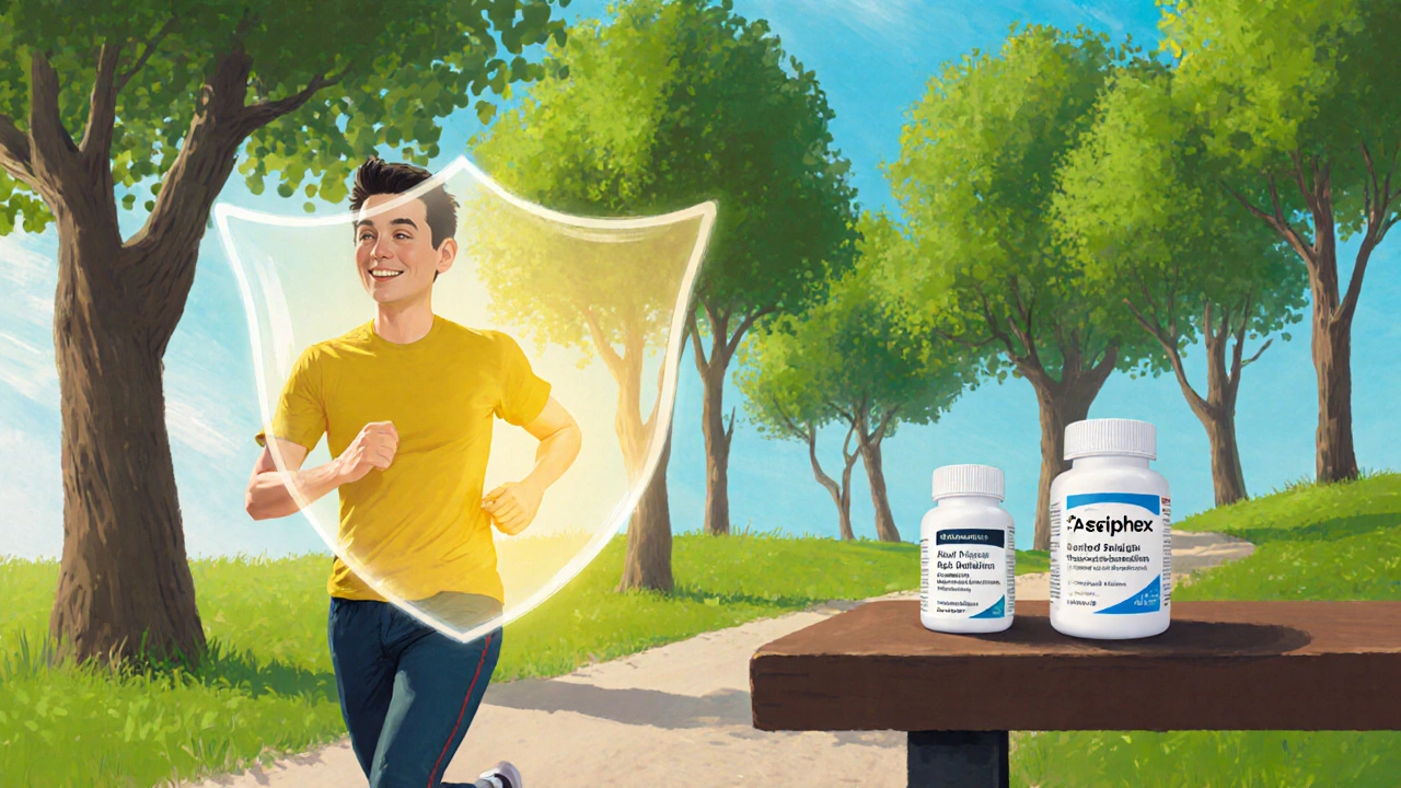 Happy jogger with glowing protective aura around stomach, other medication bottles nearby.
