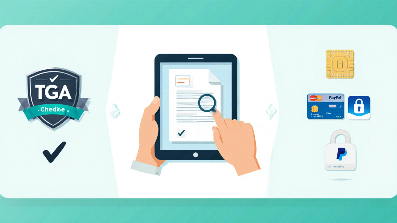 Illustrated checklist showing TGA badge, prescription upload, and secure payment icons.