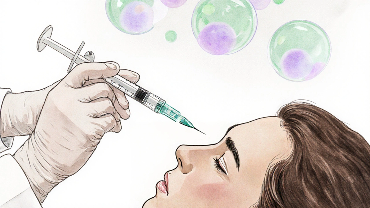 Lab illustration of clinician injecting stem cells into a patient's facial nerve.
