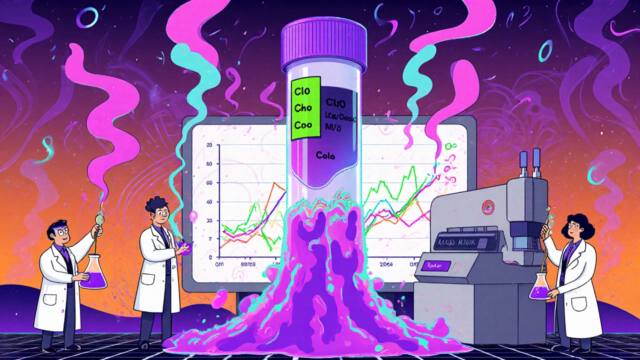 Laboratory scene showing EDTA tubes, C0 and C2 level charts, and a psychedelic backdrop.