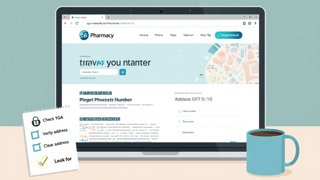 Laptop screen showing a pharmacy site with TGA registration, HTTPS lock, and contact info checklist.