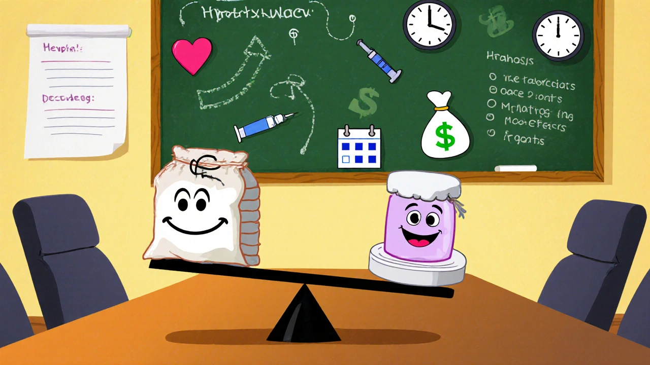 Looney Tunes style scale weighs Hydroxyurea tablet against IV bags, money, and a clock.