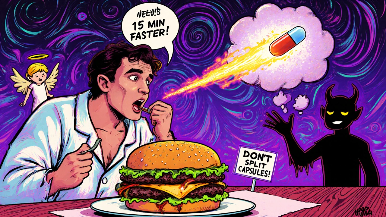Man eating burger as a glowing softgel speeds past delayed pills, with warning signs and cosmic effects in neon hues.