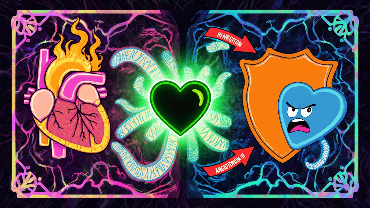 Neon Sacubitril molecule boosts peptides; heart shows hyper and hypothyroid effects with Valsartan shield.