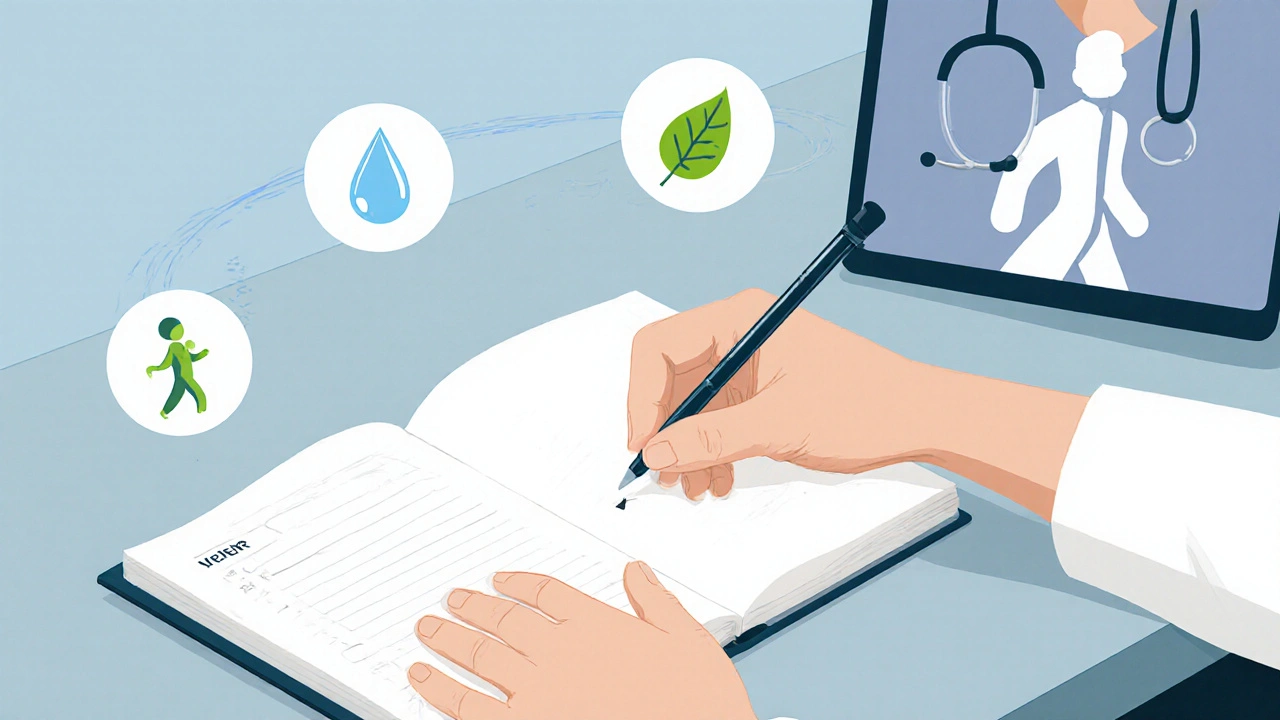 Open health journal surrounded by icons for water, fiber, probiotics, and a doctor silhouette.