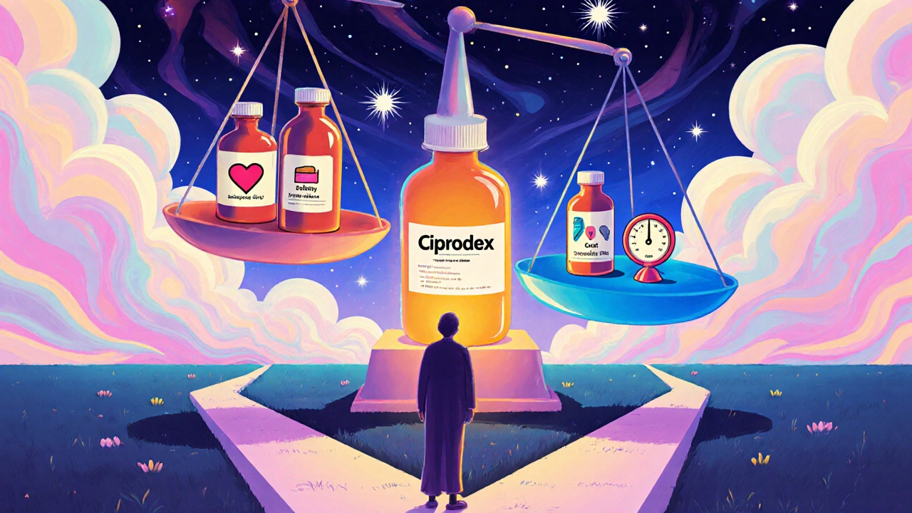 Patient choosing between combined and separate eye‑drop bottles, with a surreal scale of risks.