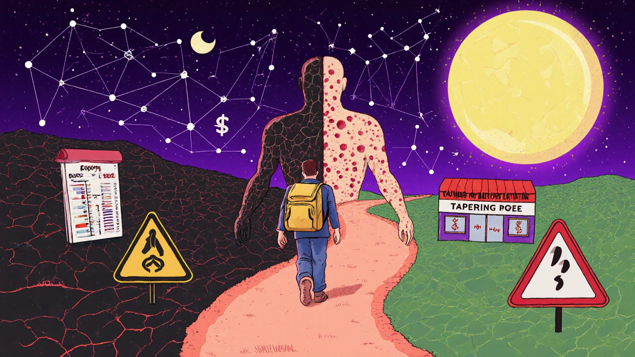 Patient walking a body-shaped path from disease to healing, with medical landmarks in psychedelic style.