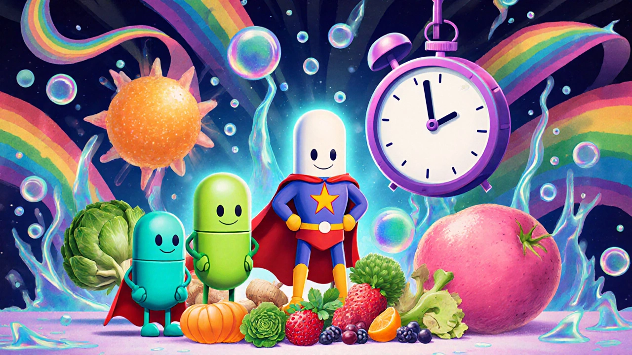 Probiotic superhero with fiber foods, a clock, and water symbols promoting gut recovery.