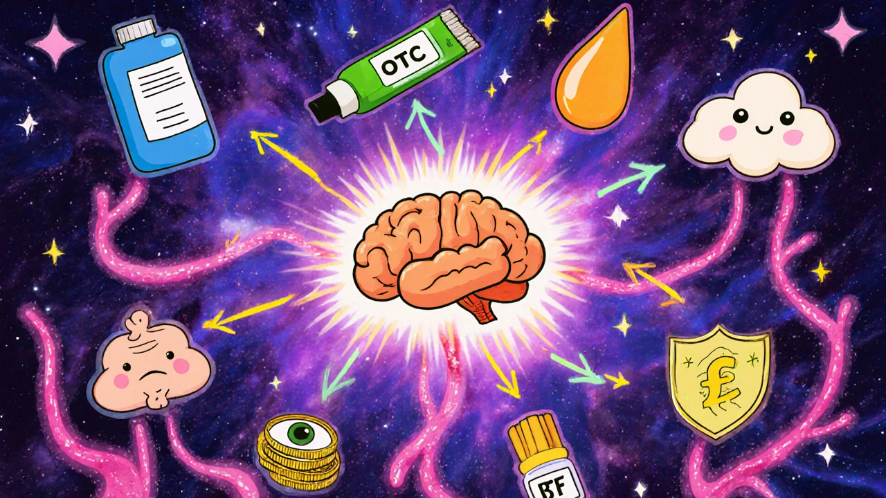 Psychedelic decision‑tree with cartoon icons for retinoid options, skin concerns, and sunscreen.