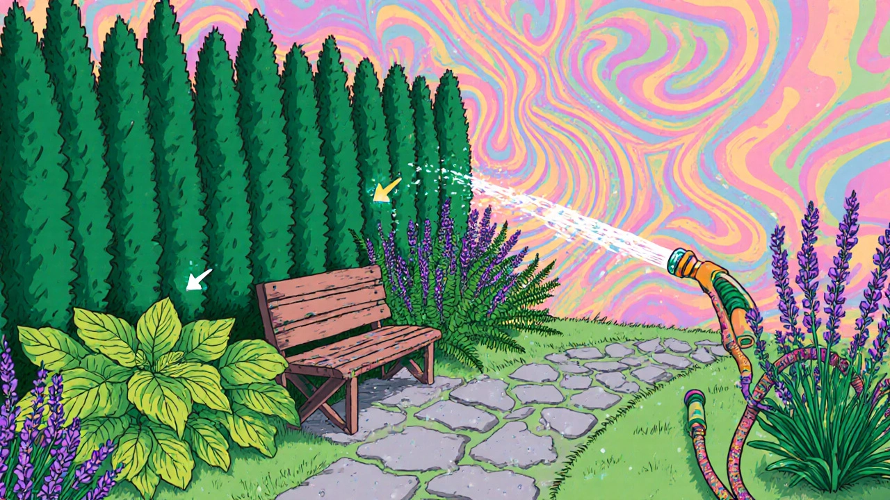 Psychedelic garden design with windbreak, dense foliage, scented flowers, stone path, and watering hose.