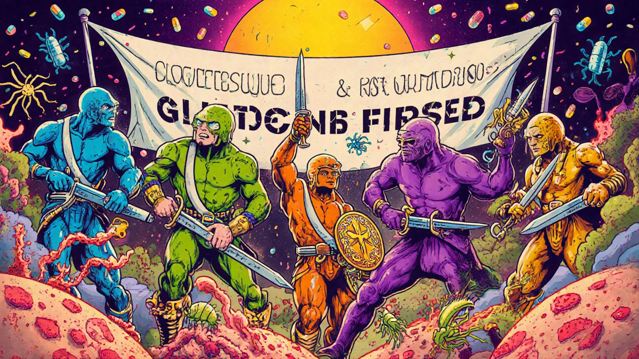 Psychedelic medical battle with drug warriors fighting skin parasites and lesions in vibrant colors.