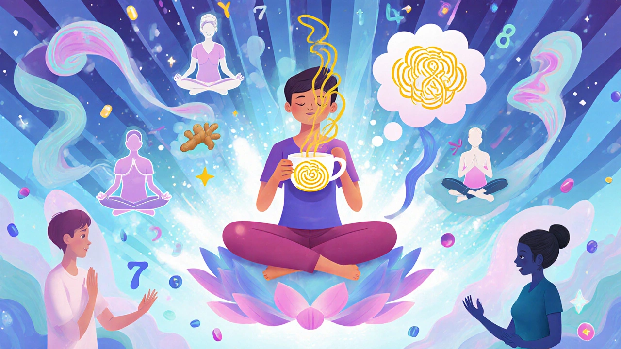 Relaxed figure practicing yoga, drinking ginger tea, with calming symbols in a psychedelic scene.