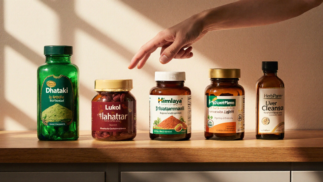 Row of various supplement bottles on a wooden countertop, each partially transparent showing colored herbal powders.