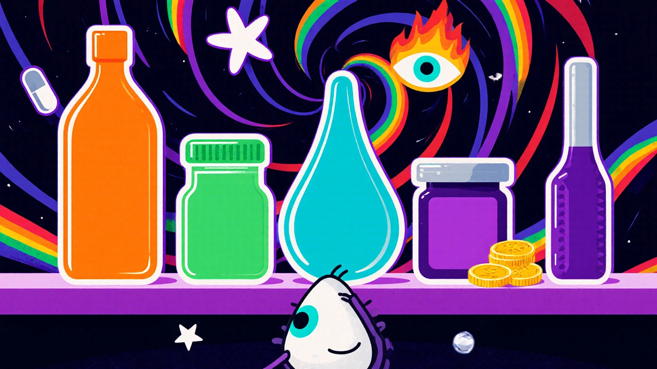 Shelf of colorful eye‑drop bottles representing alternatives, surrounded by symbolic icons.