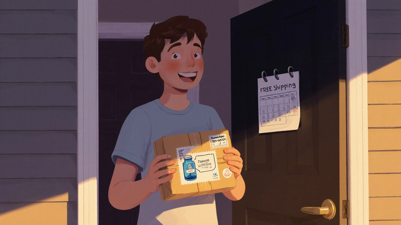 Smiling recipient holding a delivered box of generic Cymbalta pills at the door.