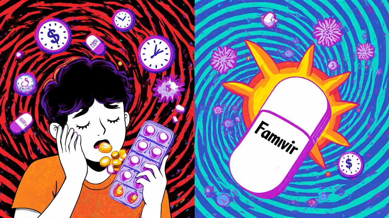 Split scene: stressed person taking many pills vs. relaxed person taking one pill, with colorful background.