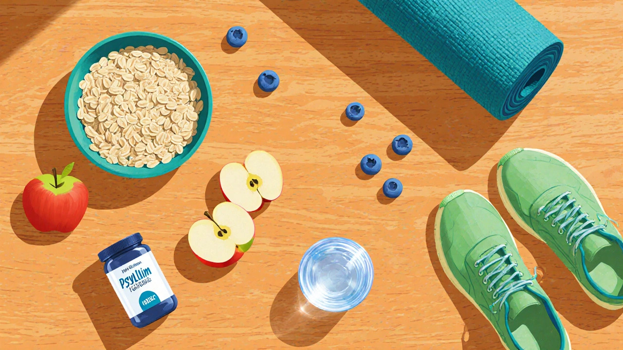 Top-down view of fiber-rich foods, water, and walking shoes on a bright table.