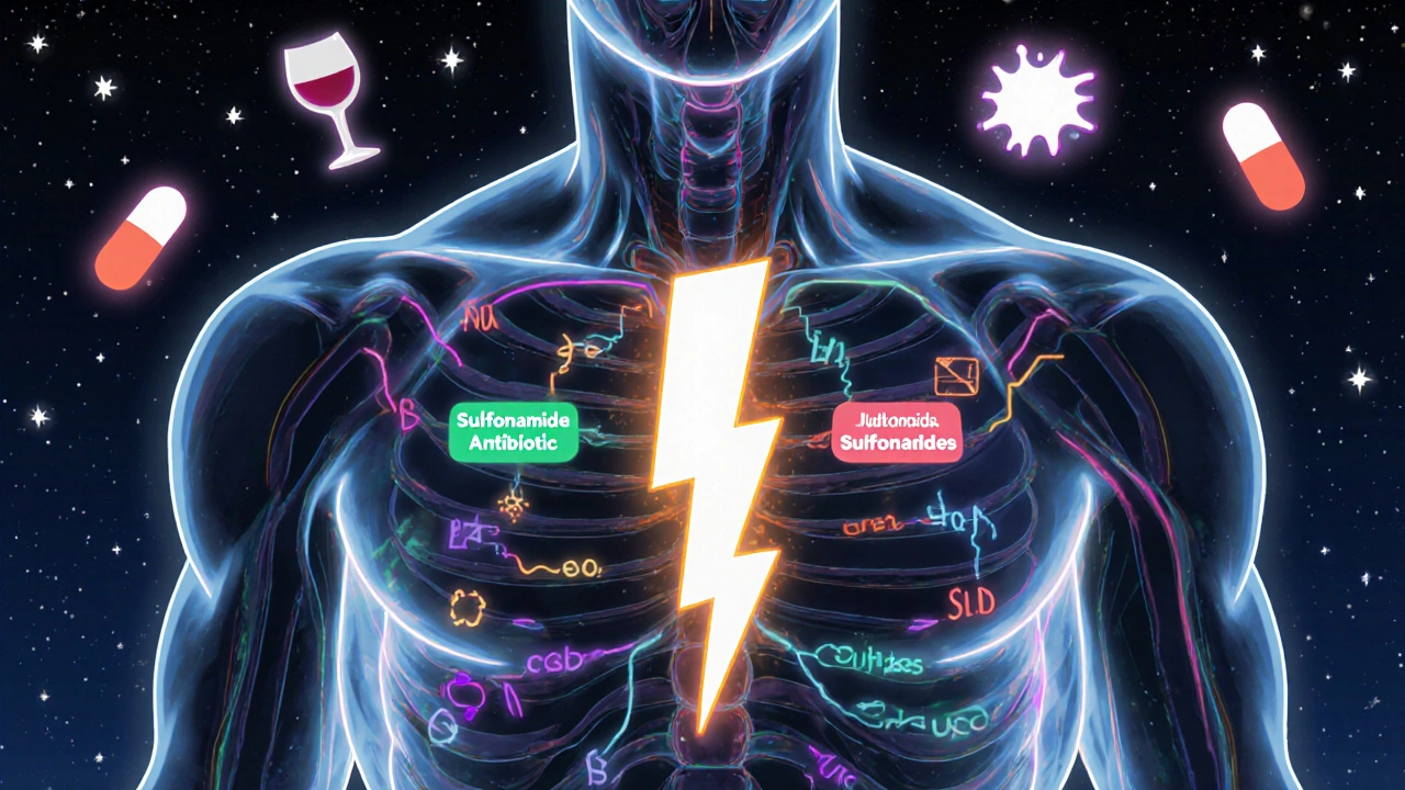 Transparent human body with glowing pathways showing dangerous vs. safe chemical structures in cosmic colors.