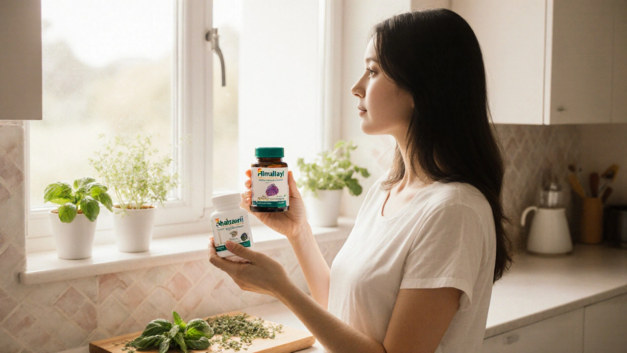 Woman in a bright kitchen holding two supplement capsules, looking out a window with herbs nearby.