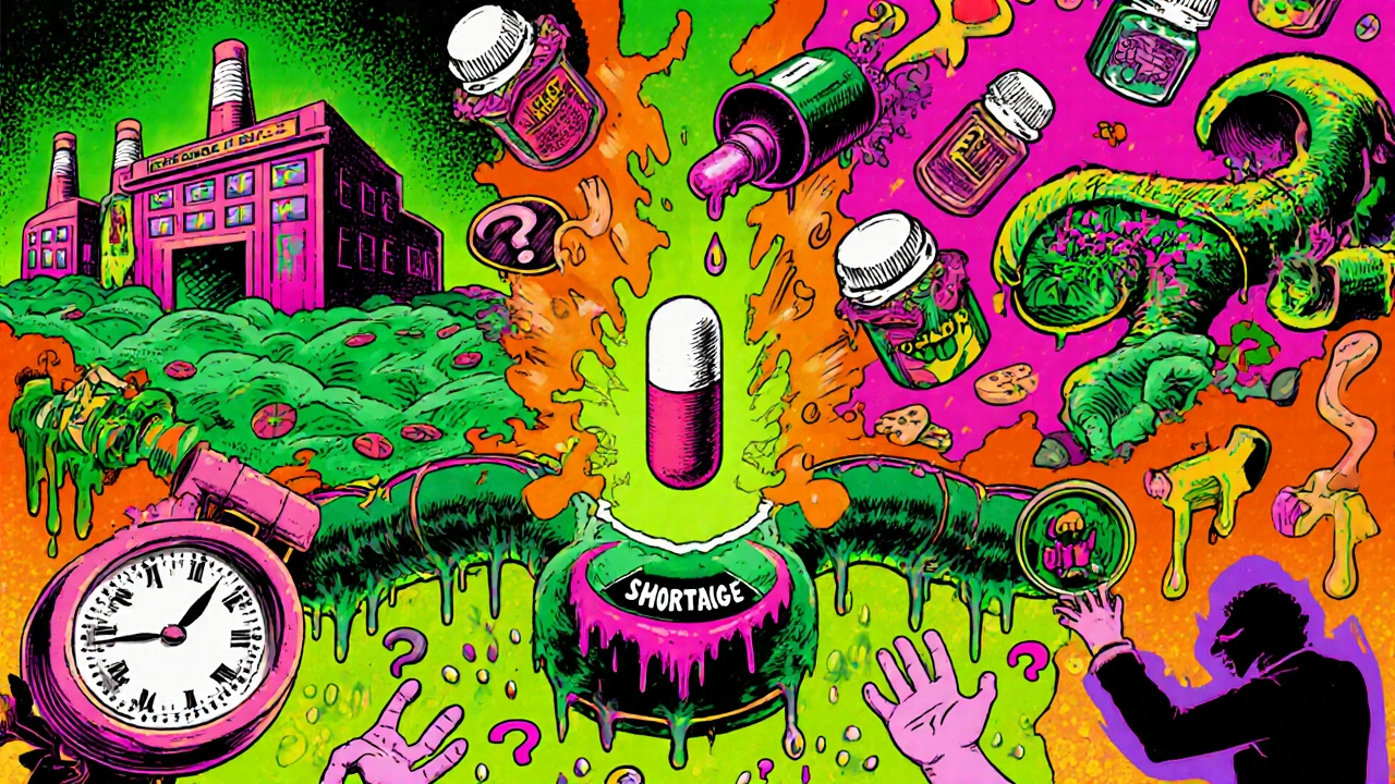 A broken pipeline jams with a pill as a wholesaler triggers a shortage, surrounded by melting clocks and anxious patients.