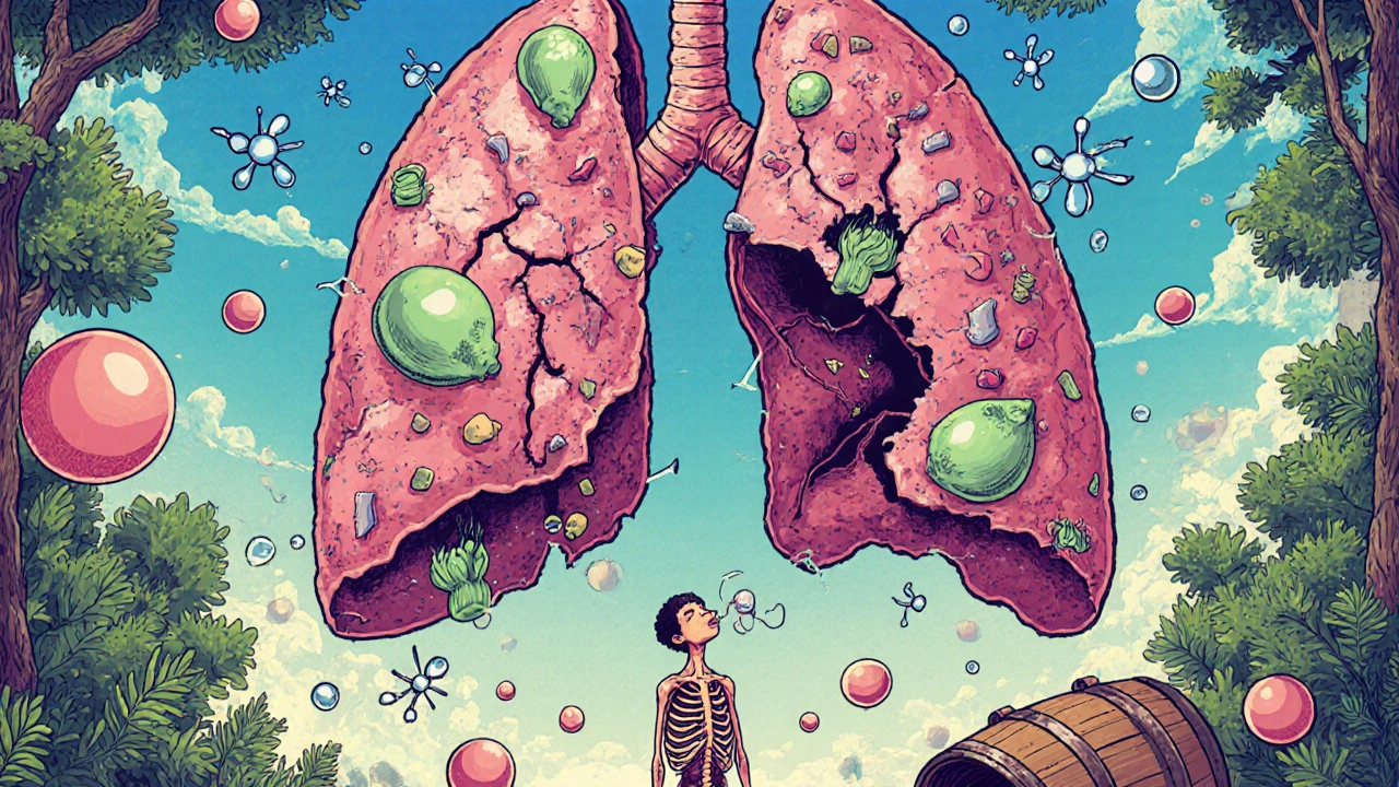 A collapsed lung with deflated alveoli balloons and a gasping figure beside a barrel chest.