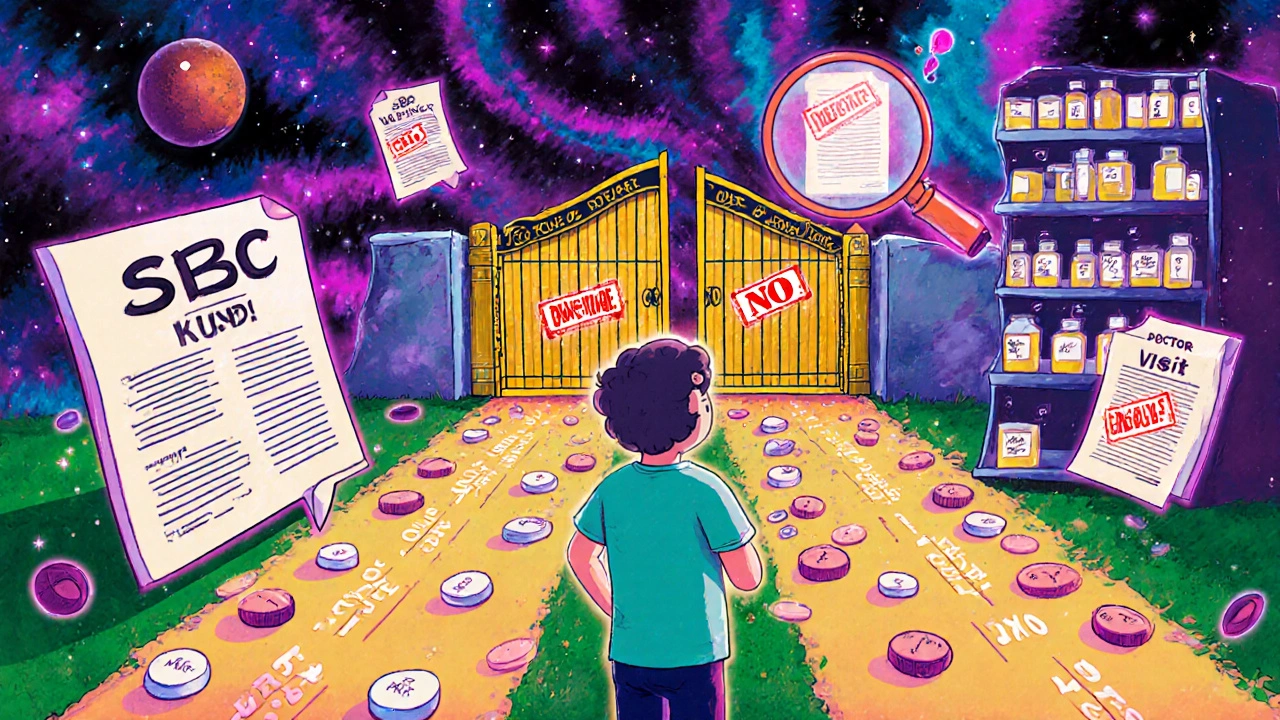 A confused patient stands at a crossroads: one path leads to max reached, the other blocked by a deductible wall